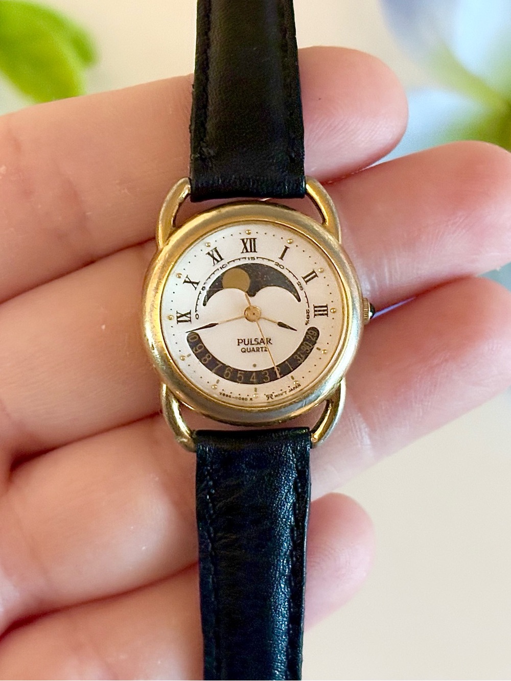 Pulsar by Seiko Galileo Moon Phase Watch Gold Lunar Dial Rare Vintage Moonphase